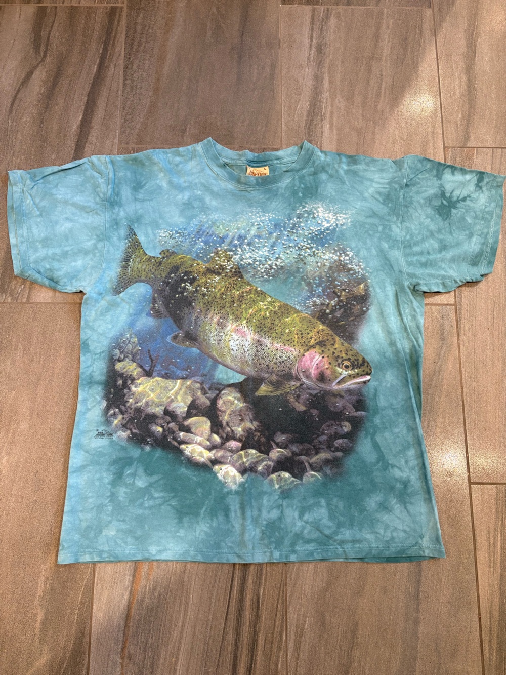 Vintage The Mountain Teal Tie-Dye Trout Graphic T-Shirt Fish Nature Scene Y2K
